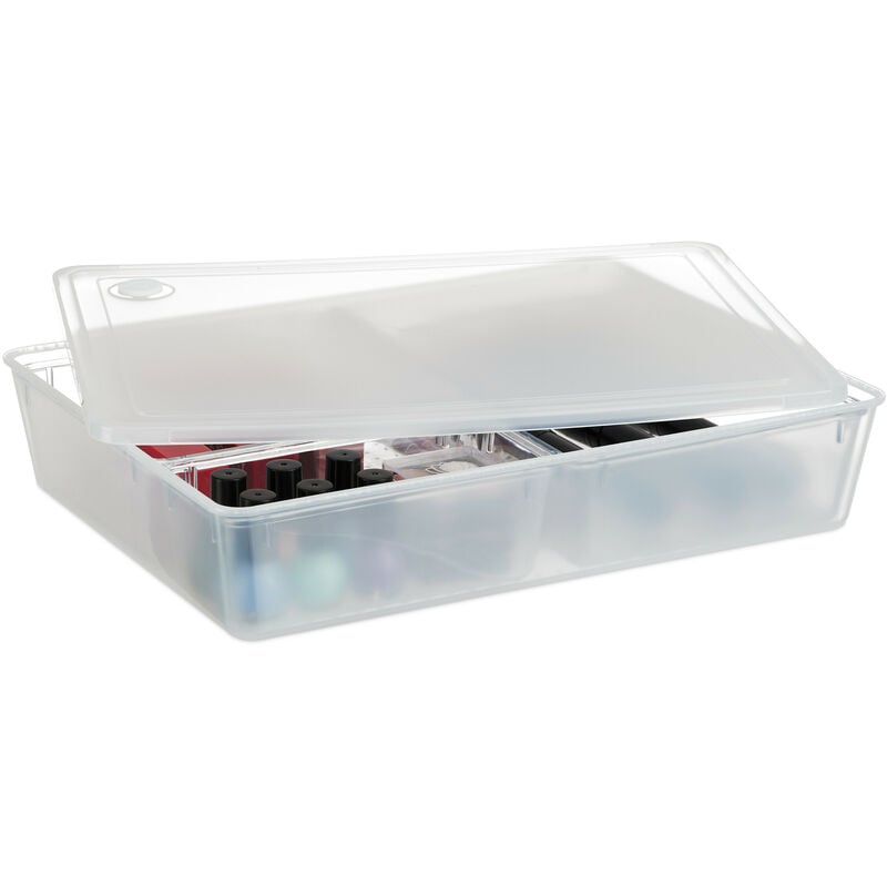 Bac de rangement avec couvercle, HxLxP : 7x32x24,5 cm, 3 compartiments, cosmétiques, plastique, transparent - Relaxdays