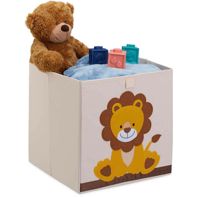 Bac de rangement pour enfants, motif lion, HxLxP : 33x33x33 cm, boîte en tissu, panier à jouets, beige/jaune - Relaxdays