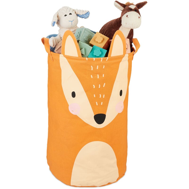 Relaxdays Bac de rangement pour enfants motif renard, HxD : 56x35 cm, panier à jeux pour chambre, poignées, orange/crème