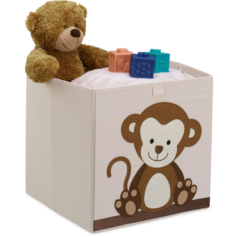 Bac de rangement pour enfants, motif singe, HxLxP : 33x33x33 cm, boîte tissu, panier à jouets, beige/orange - Relaxdays