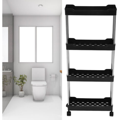 Bac de rangement slim 4 niveaux mobile avec roulettes pour cuisine et salle de bain Noir PP