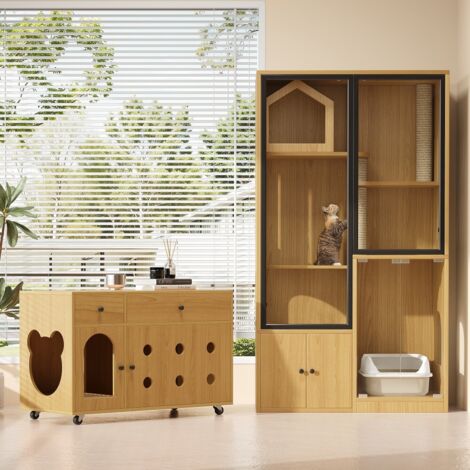 Bac et maison de toilette pour chat-Armoire meuble litière-Maison verre-Multi-chats-Couleur érable jaune-90x50x160(cm)
