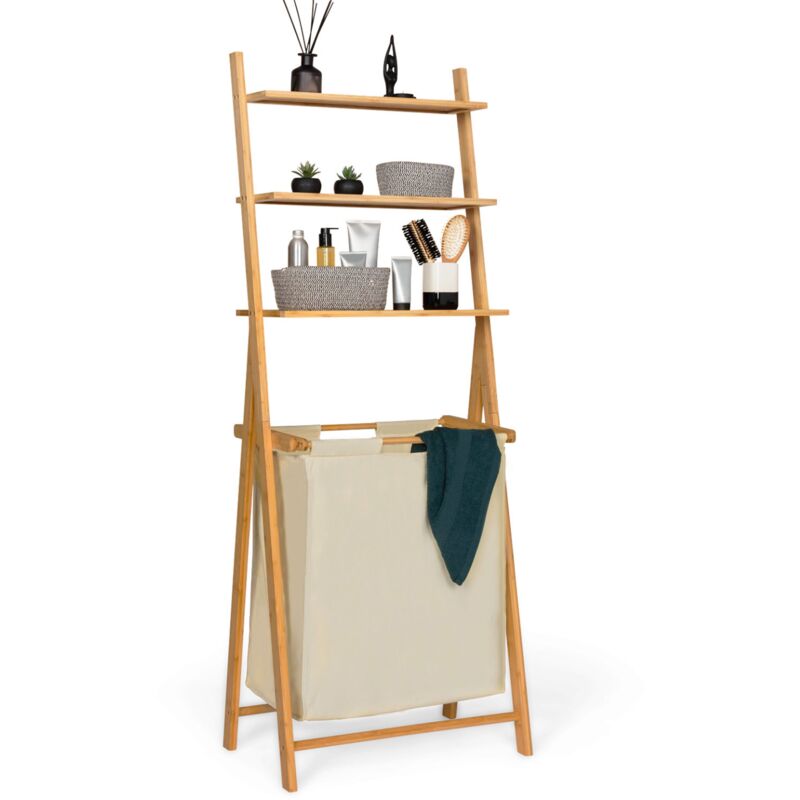 Panier à linge 2 bacs bambou lana avec étagères tissu écru