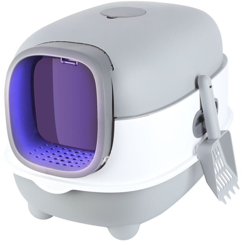 Bac Litière Chat-Bac à Litière Fermé pour Chat Anti Odeur-Stérilisation et Désodorisation aux Ultraviolets-avec Pelle à Litière-gris