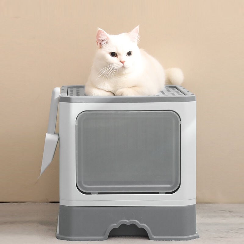 Bac Litière Chat - Maison de Toilette pour Chat Fermée - 50 x 35 x 38cm - Gris