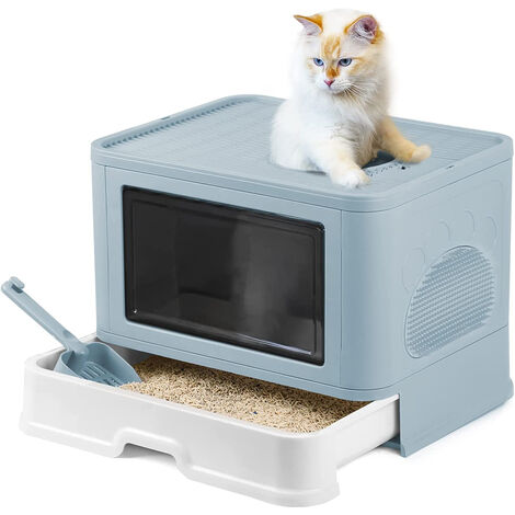Bac Litière Chat Pliable Maison de Toilette Chat Fermée avec zone de chatouillement+ pelle à litière 50.8×40×37cm bleu