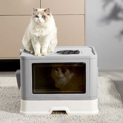Bac Litière Chat Pliable Maison de Toilette Chat Fermée avec zone de chatouillement+ pelle à litière 50.8×40×37cm Gris