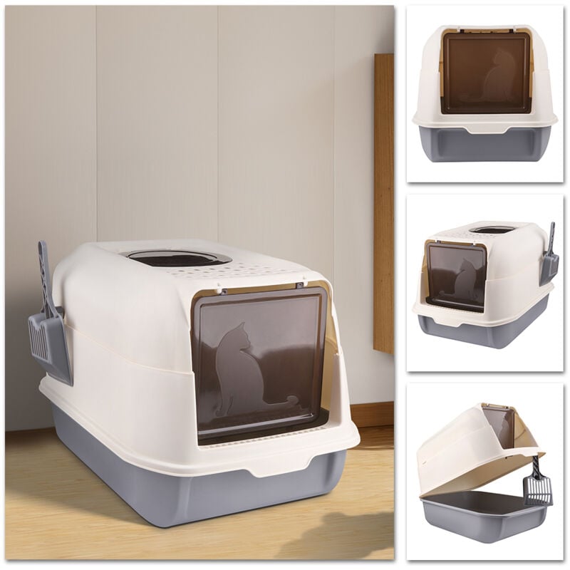 Bac Litière Chat, wc pour Chats, Bac à Litière avec Pelle - xl Bac Litière pour Chat avec Toit Ouvrant - Gris