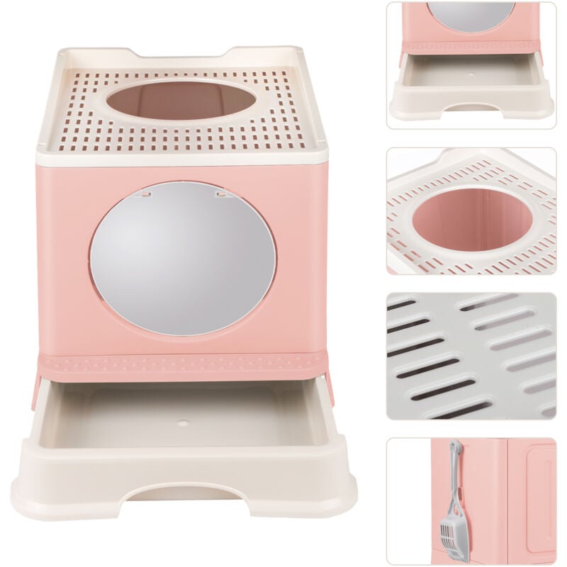 Bac Litière Chat, WC pour Chats, Bac à Litière avec Pelle - Maison de toilette pliable pour chat - PP Plastique Rose