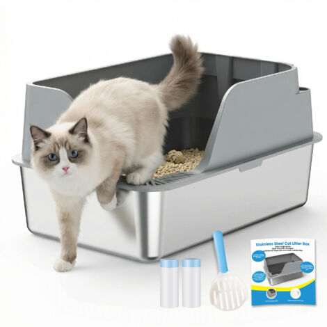 Bac litiere pour Chat en Acier Inoxydable XXL spacieux, litiere Acier Inoxydable avec Pelle, bac litière Chat à Bord surélevé Anti-déversement, Design Ouvert et Facile à Nettoyer.