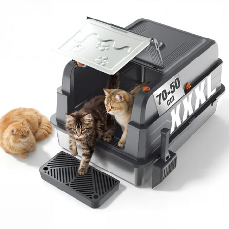Bac litiere pour Chat,XXL litiere Acier Inoxydable,litiere Chat fermé Grande capacité, Bords Haut Anti-Fuite,Couvercle Amovible Facile à Nettoyer,avec Pelle et marchepied, adapté aux Grands,Gris