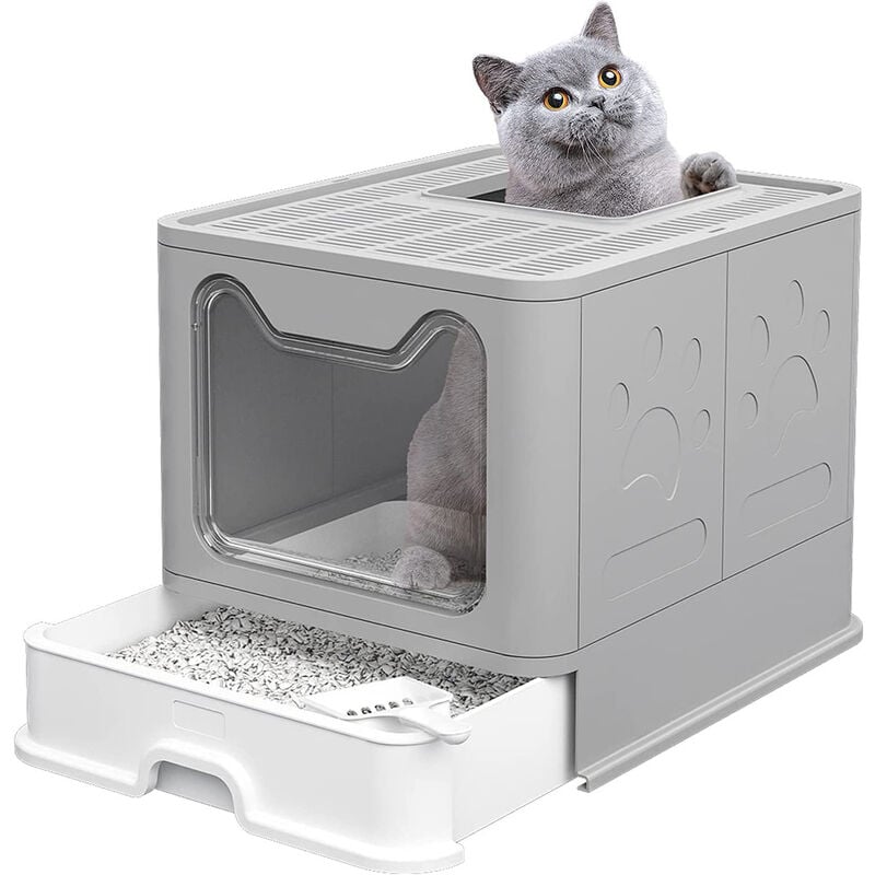 Bac à Litière Chat Maison de Toilette pour Chats Portable Anti Odeur Caisse Litière Fermée Taille avec Filtre Tiroir et Couvercle 51x41x38cm gris