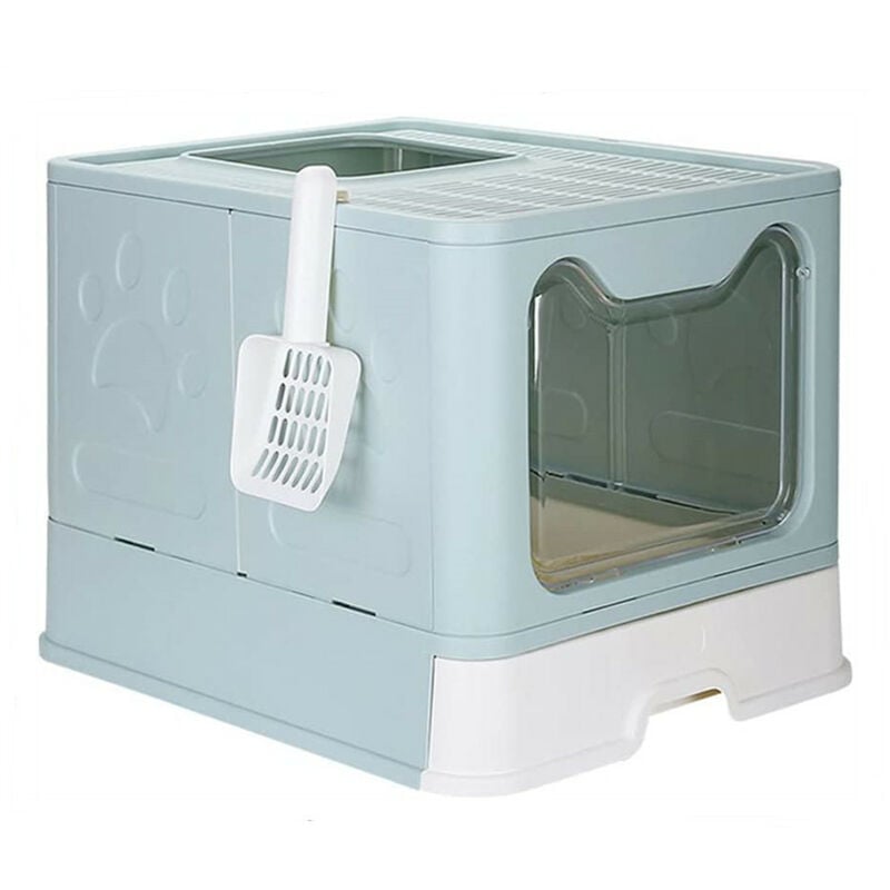 Bac à Litière pour Chat, Grande Maison de Toilette Chat Pliable avec Couvercle, Bac de Tiroir et Pelle à Litière, Portable, 51 x 41 x 38 cm, Bleu
