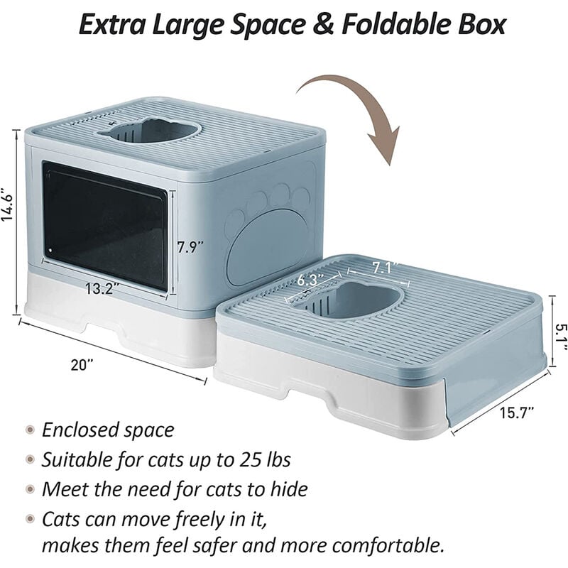Bac à litière pour chat moins de 15 kg, Bac Litière Chat- Maison de Toilette Chat Fermée - 48.536.538cm- bleu