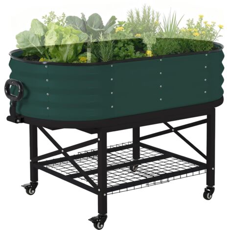 Bac potager surélevé métal galvanisé mobile sur roulettes carré avec pieds filet anti oiseaux potager légumes herbes fleurs 120 x 60 x 30 cm vert