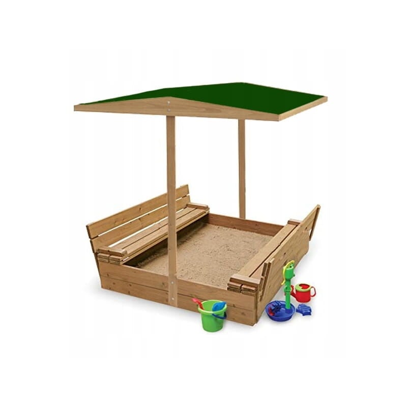 Bac à sable en bois 120 x 120 cm avec toit et places assises - Verrouillable