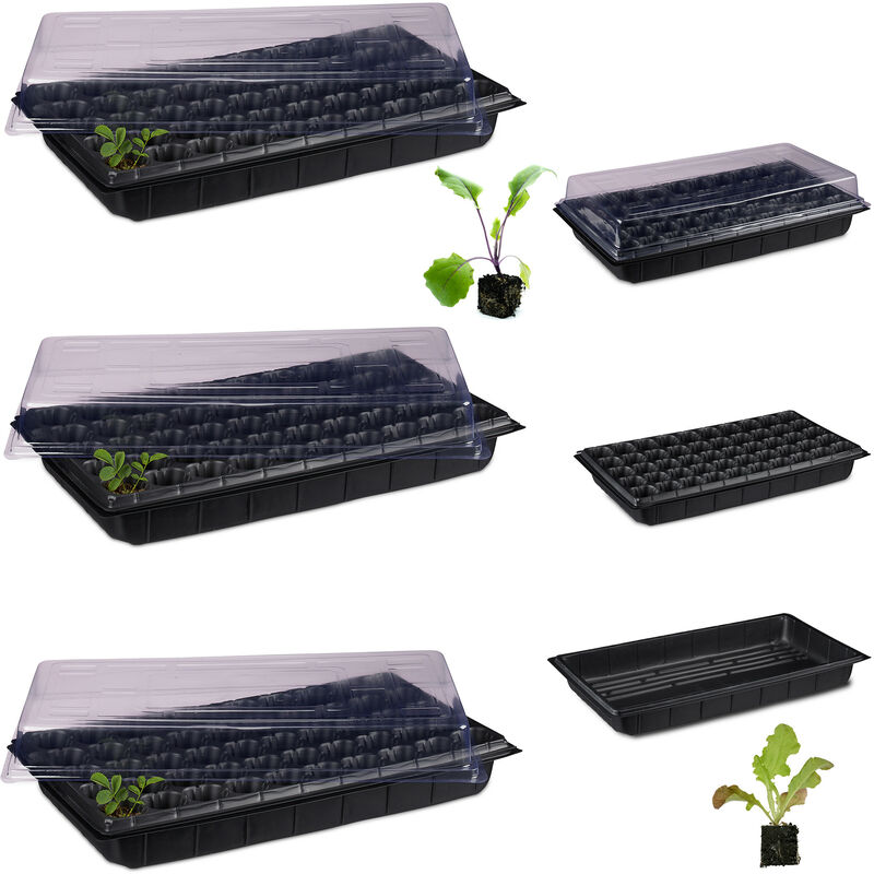 Bac à semis, lot de 3, mini serre pour rebord de fenêtre, plantation, 50 compartiments, hlp 12x56x29 cm, noir - Relaxdays