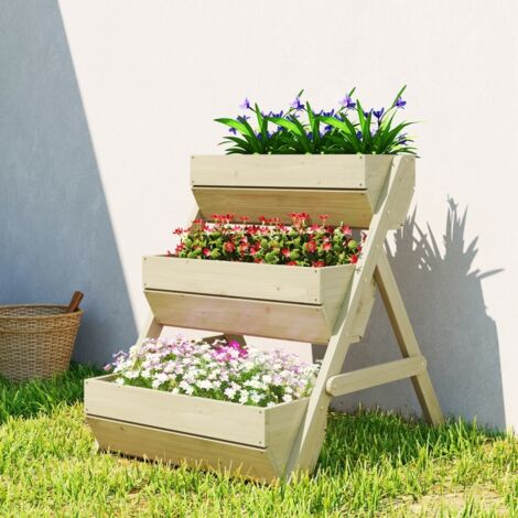 Bac vertical en bois à 3 niveaux, jardinière avec 3 pots et trous de drainage, couleur verte