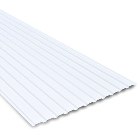 Bacacier – Tôle nervurée en acier laqué blanc 2100 x 1100 mm – Revêtement polyester 15 µm – Surface 2.31 m² – Fixations recommandées 4.8*38 pour bois