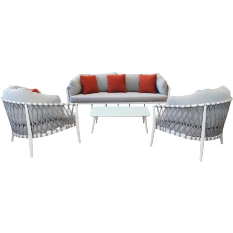 BACHATA - salotto con struttura in alluminio verniciato taupe o bianca, rivestimento in corda in pvc