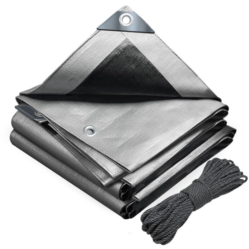 Bâche de Protection en Polyéthylène 180g/m² - 4x6m gris et noir - codre incluse - imperméable, anti-UV - Vounot