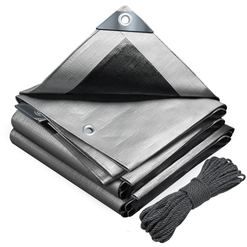 VOUNOT® Bâche de Protection en Polyéthylène 180g/m² - 1,5x6m gris et noir - codre incluse - imperméable, anti-UV