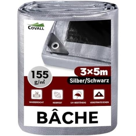 Bâche de Protection Imperméable pour Extérieur, Polyéthylène Renforcée avec Oeillets Anti-UV – Piscine, Voiture, Jardin, Camping, Bois, 155 g/m² Argent/Noir, 3x5m Argent/Noir