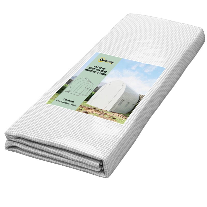Bâche de rechange serre tunnel 6 m², bâche dim. 3L x 2l x 2H m pe anti-UV imperméable 6 fenêtres + porte enroulable zippée blanc