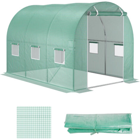 Bâche de Remplacement Serre Tunnel 6 m², 3 x 2 x 2 m PE Anti-UV Résistant à l'Eau, 6 Fenêtres + Porte Enroulable Zippée, Vert