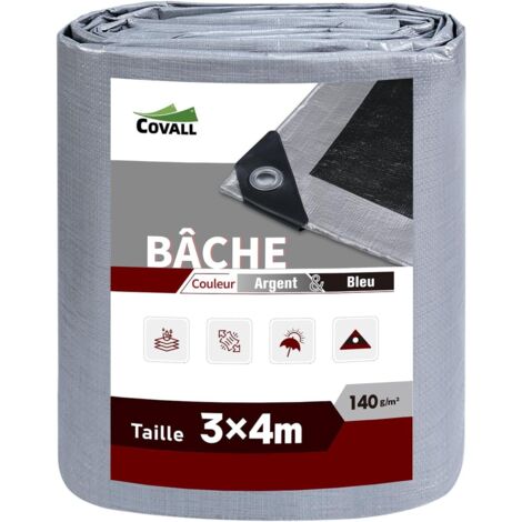 Bâche Imperméable Bâches de Protection en Polyéthylène 140g/m² Robuste 3x4m Étanche Renforcé Trou Soudé Résistant à la déchirure Toit Polyvalent Pool Truck RV Camping Tente Jardin Argent/Noir. - 3X4M