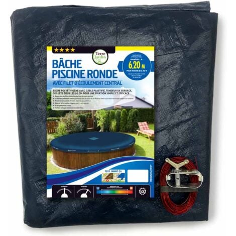 Bâche Piscine Ronde 6.2 m, 140 g/m² - Bache Hivernage Piscine Hors Sol - Filet d'Écoulement 35 x 35 cm, Cordon de Serrage - Pour piscine 5.40 m - Bleu