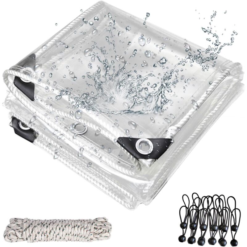 Bâche Transparente avec œillets pour l'extérieur, bâche en PVC Transparent 420g/m², avec 20 Serre-câbles, 12 élastiques avec Boules, Corde de