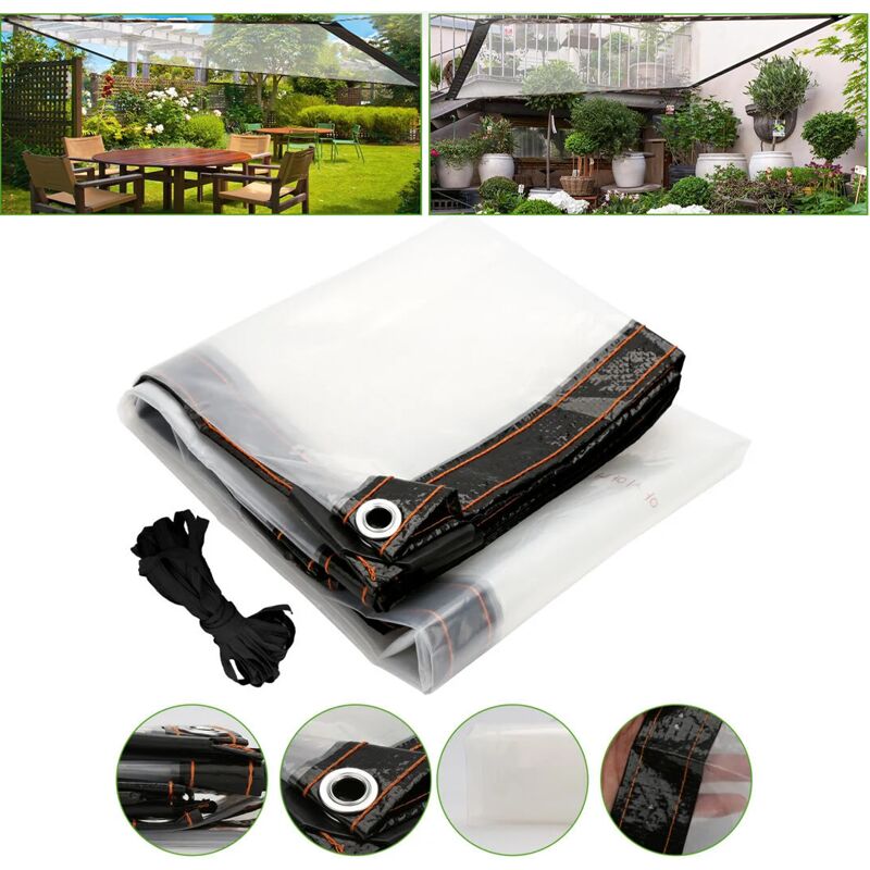 Rnemitery - Bâche transparente à œillets - 1 x 2m - Bâche polyéthylène imperméable - Résistante aux intempéries - Pour terrasses, balcons, tonnelles,