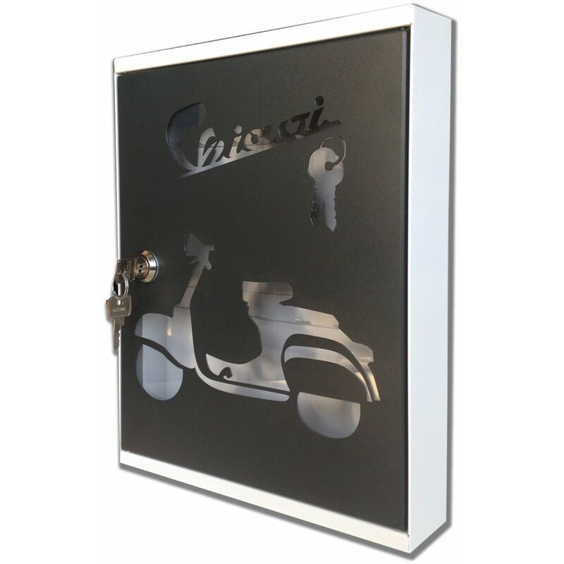 Image of Alubox Bacheca design MIA completa di 16 ganci porta chiavi, in acciaio colore bianco il corpo e sportello colore ghisa con plexiglas trasparente cm.