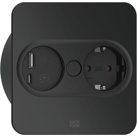 BACHMANN Einbausteckdose TWIST 2 eckig, Schukosteckdose, USB, schwarz matt