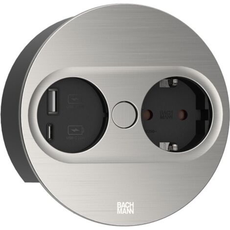 Bachmann TWIST 2 Metallische Abdeckscheibe rund, Edelstahl-Optik, 1xSchutzkontaktsteckdose schwarz mit erhöhtem Berührungsschutz, 1xUSB A/C 22W Charger, Zuleitung 2,0m H05VV-F3G1,5mm² schwarz mit Ader