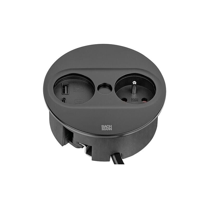 Twist 2 prise de table, 1x ute, 1xUSB-A/-C Charger, noir mat, ronde, France - Bachmann