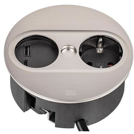 Bachmann TWIST 2 Tischsteckdose 1x Schuko, 1x USB-A/-C Charger, Edelstahl, rund - 2 m