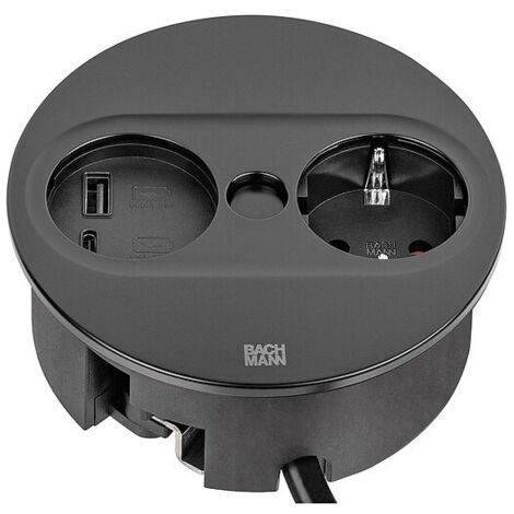 Bachmann TWIST 2 Tischsteckdose 1x Schuko, 1x USB-A/-C Charger, schwarz matt, rund - 2 m