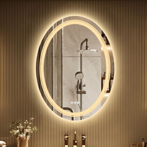 Backlit Oval Bathroom Mirror Illuminated LED Touch Control Antifog Pad Wall Hung, 700x500mm
