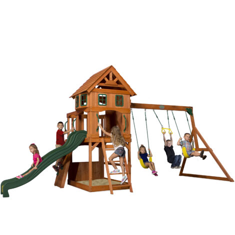Aire de jeux en bois avec balançoire et toboggan – Cèdre tropical – 2 balançoires – Mur d'escalade – Dimensions 551x236x285cm – Backyard Discovery