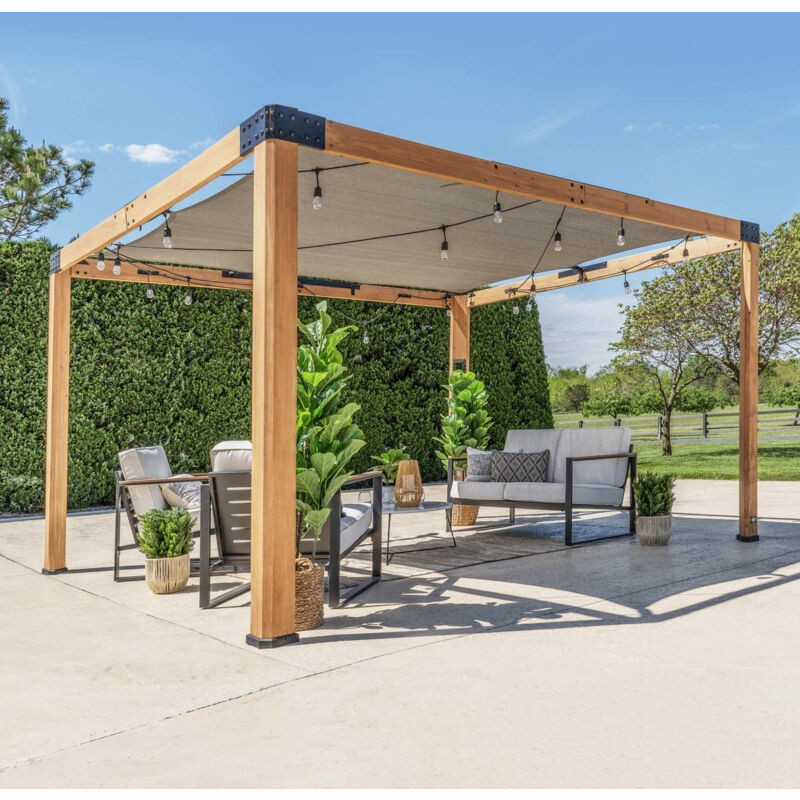 Backyard Discovery - Brendan Sail Shade Cedar Wood Outdoor Pergola with Soft Canopy & Integrated Powerport 3.7m x 3.1m (12ft x 10ft)