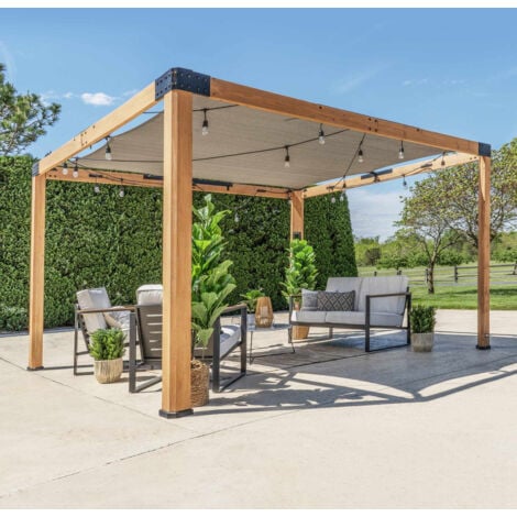 Backyard Discovery Brendan Sail Shade Cedar Wood Outdoor Pergola with Soft Canopy & Integrated Powerport 3.7m x 3.1m (12ft x 10ft)