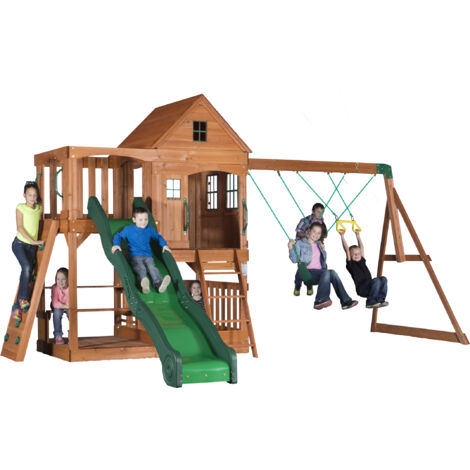 Backyard Discovery Hill Crest aire de jeux en bois Avec balançoire / toboggan / bac de sable / mur d'escalade Maison enfant exterieur - Marron