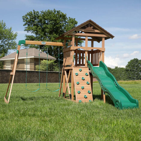 Backyard Discovery Lightning Ridge Cedar Wood Climbing Frame with Wave Slide, Play Deck, Rock Wall, and Sandbox