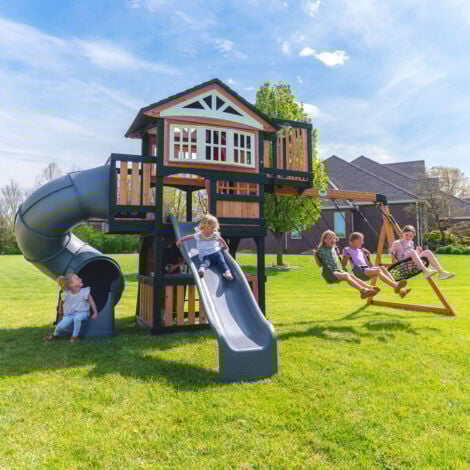 Backyard Discovery Magnolia Falls Wooden Climbing Frame with 2 x Swings, Web Swing and 2 x Slides