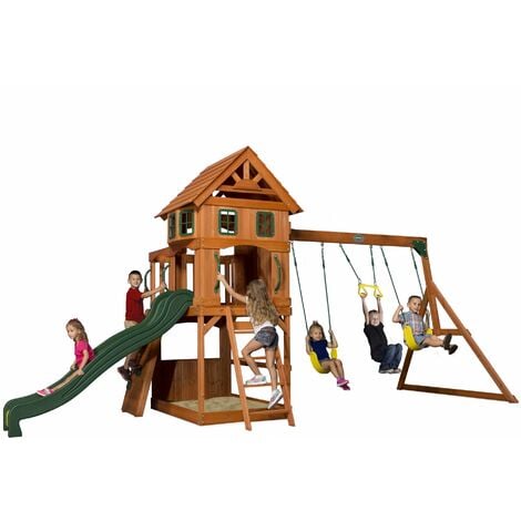 Backyard Discovery Spielturm Holz Atlantic Stelzenhaus für Kinder mit Rutsche, Schaukel, Kletterwand XXL Spielhaus / Kletterturm für den Garten - Braun