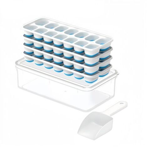 Bacs à glaçons avec couvercles et récipients, lot de 4 bacs de congélation en plastique et silicone avec boîte/récipient, empilables avec kit de glaçons, pelle, pour camping-car