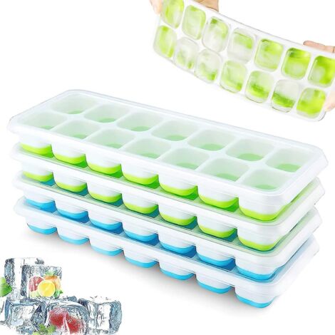 Bacs à glaçons en silicone sans BPA avec couvercle - Empilables, peu encombrants, de forme carrée - Démoulage facile - Bleu/Vert - Lot de 4