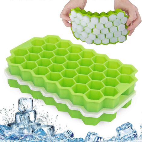 Bacs à glaçons, lot de 2, 52/74 cubes, en silicone avec couvercle amovible, empilables, alvéolés, bleu + bleu avec couvercle.